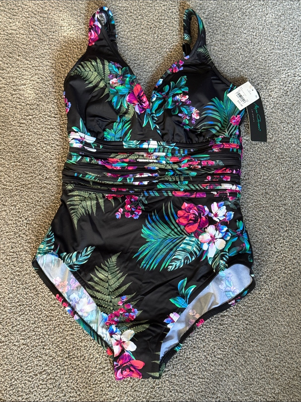 Aqua Green Black One-Piece Swimsuit w/Teal, Pink, Green, Red, Blue Print. Size L